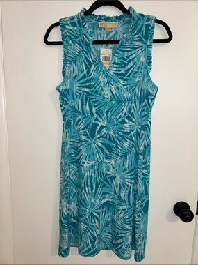 Michael Kors Teal Palm-Print Sleeveless V-Neck Midi Dress
